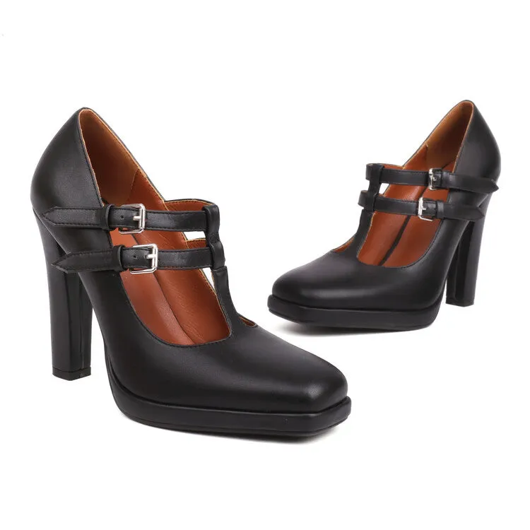 Women's Square Toe T Strap Buckle Straps Chunky Heel Mary Jane Platform Pumps