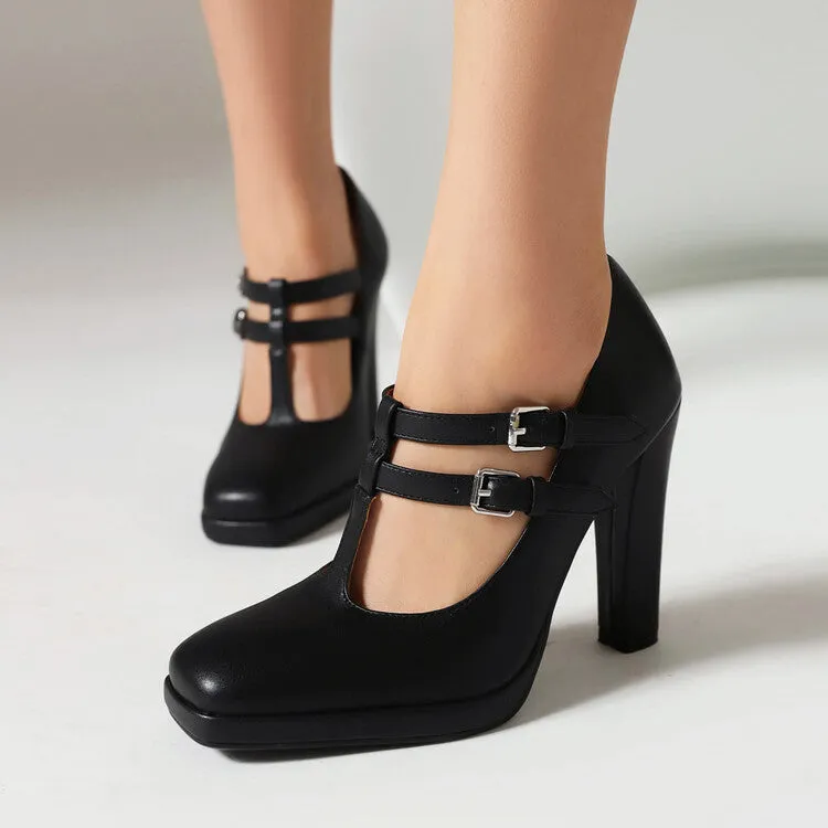 Women's Square Toe T Strap Buckle Straps Chunky Heel Mary Jane Platform Pumps