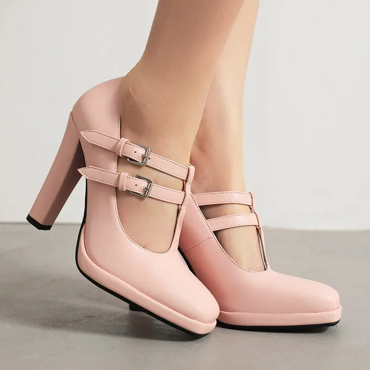 Women's Square Toe T Strap Buckle Straps Chunky Heel Mary Jane Platform Pumps