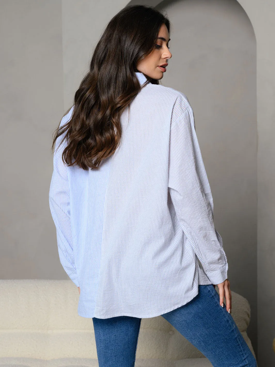 WOMEN'S STRIPES COLORBLOCK COLLAR BUTTON DOWN FRONT LONG SLEEVE TOP
