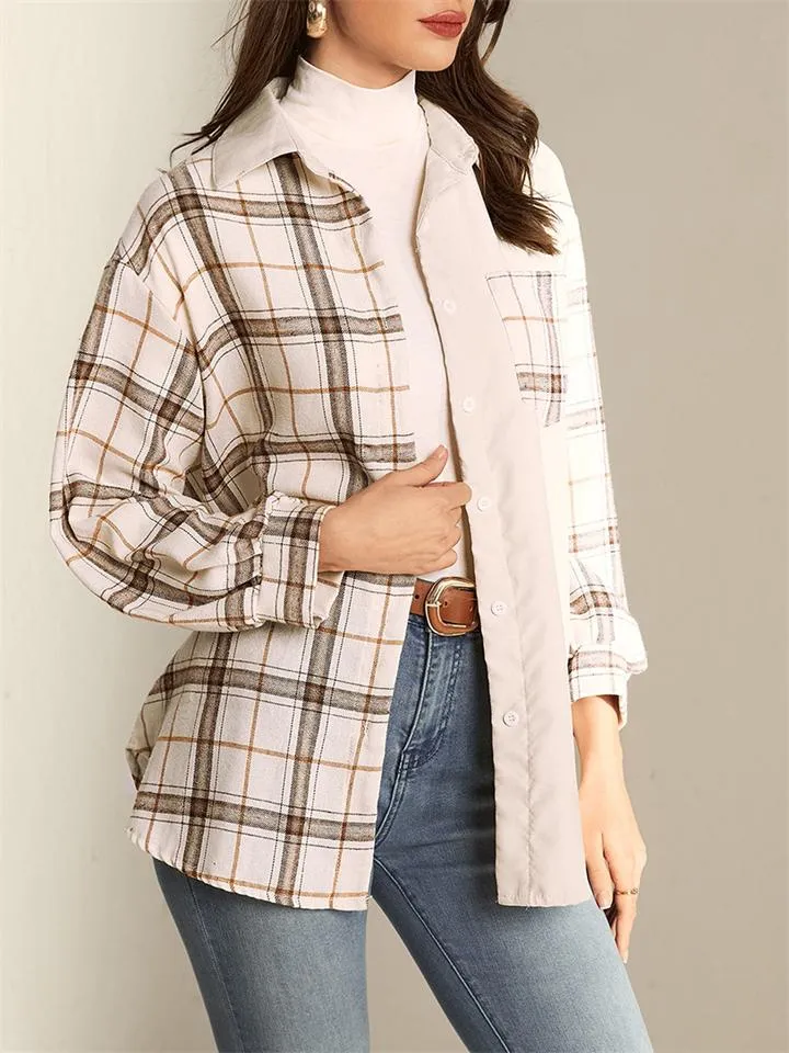 Women's Stylish Elegant Contrasting Plaid Buttons Up Lapel Coats