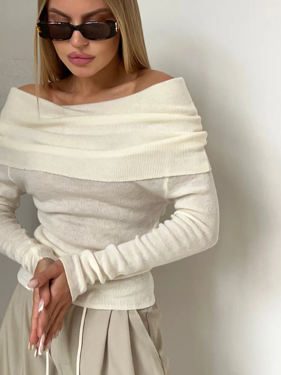 Women’s Stylish Off-Shoulder Knit Sweater with Long Sleeves