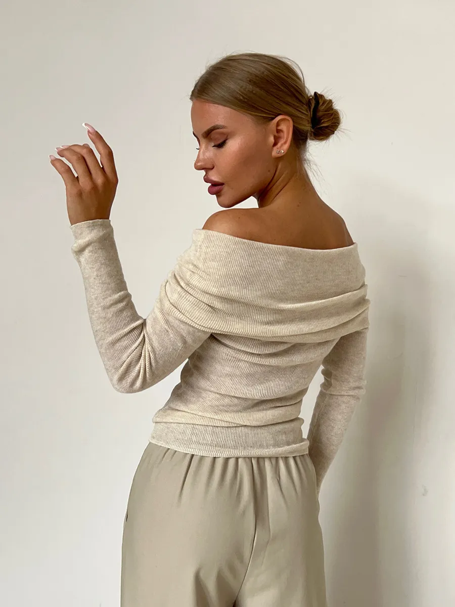 Women’s Stylish Off-Shoulder Knit Sweater with Long Sleeves
