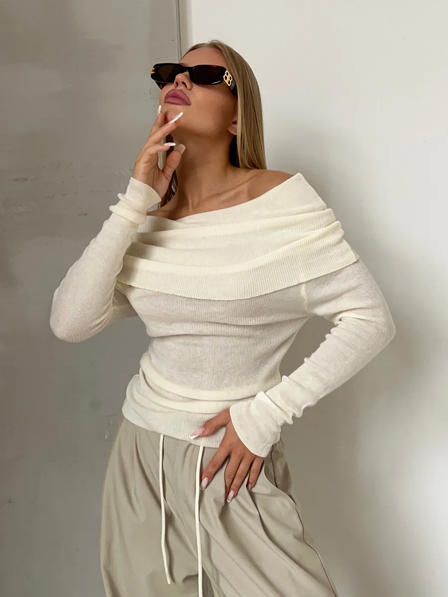 Women’s Stylish Off-Shoulder Knit Sweater with Long Sleeves