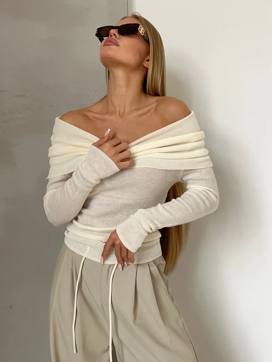 Women’s Stylish Off-Shoulder Knit Sweater with Long Sleeves
