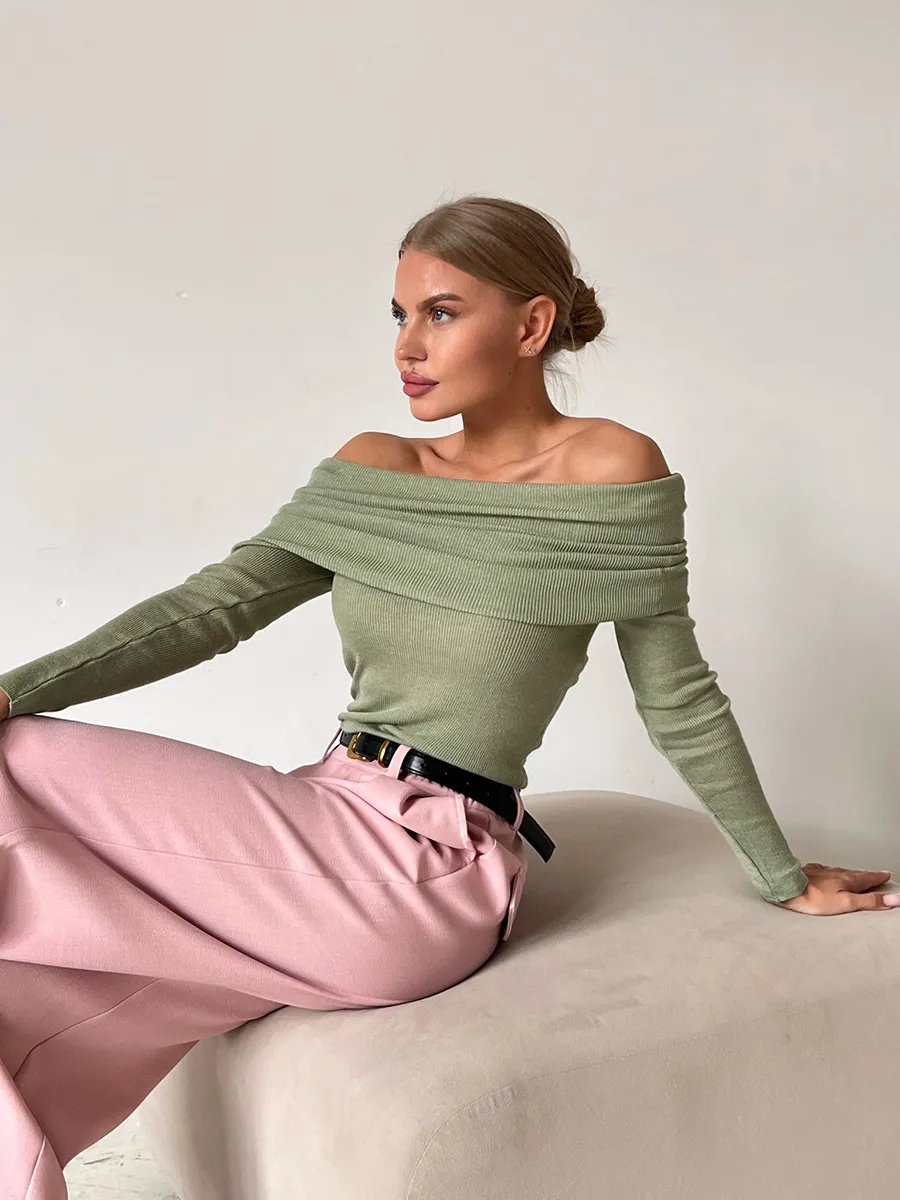 Women’s Stylish Off-Shoulder Knit Sweater with Long Sleeves