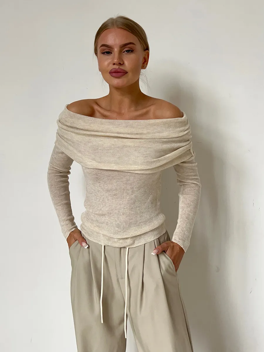 Women’s Stylish Off-Shoulder Knit Sweater with Long Sleeves