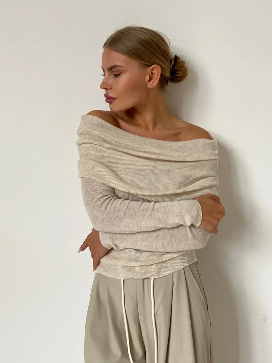 Women’s Stylish Off-Shoulder Knit Sweater with Long Sleeves