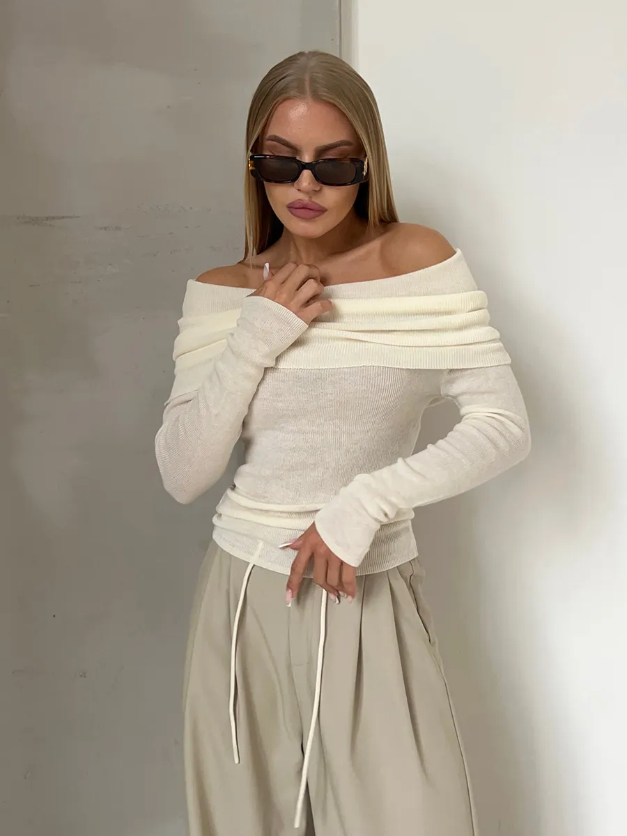 Women’s Stylish Off-Shoulder Knit Sweater with Long Sleeves
