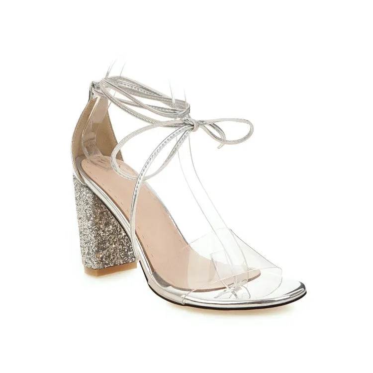 Women's Transparent Round Toe Ankle Tied Strap Chunky Heel Sandals