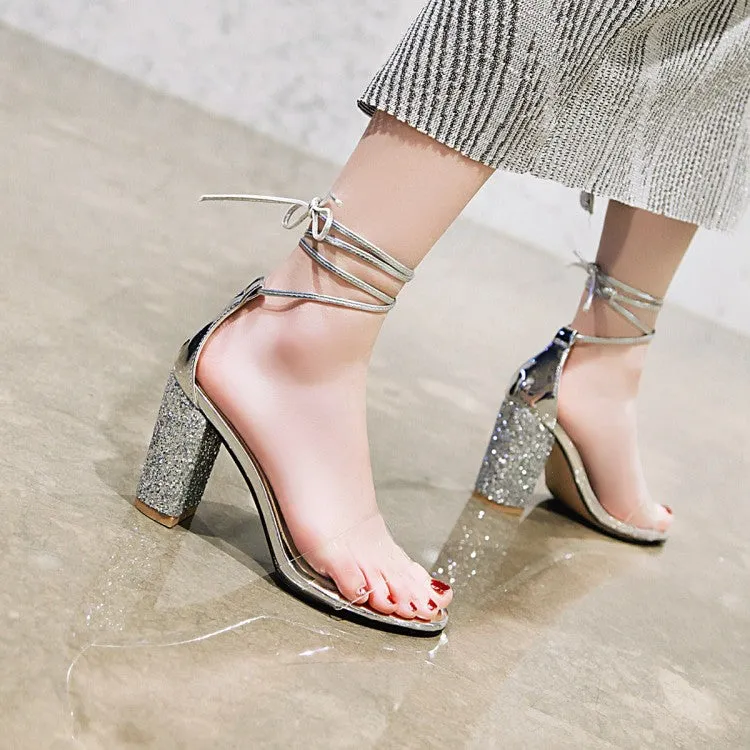 Women's Transparent Round Toe Ankle Tied Strap Chunky Heel Sandals