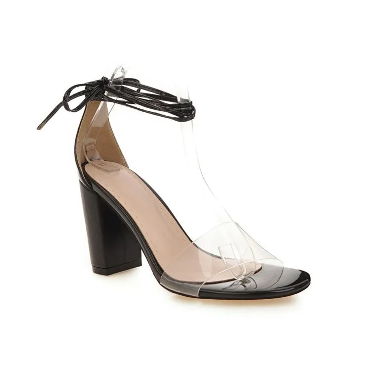 Women's Transparent Round Toe Ankle Tied Strap Chunky Heel Sandals