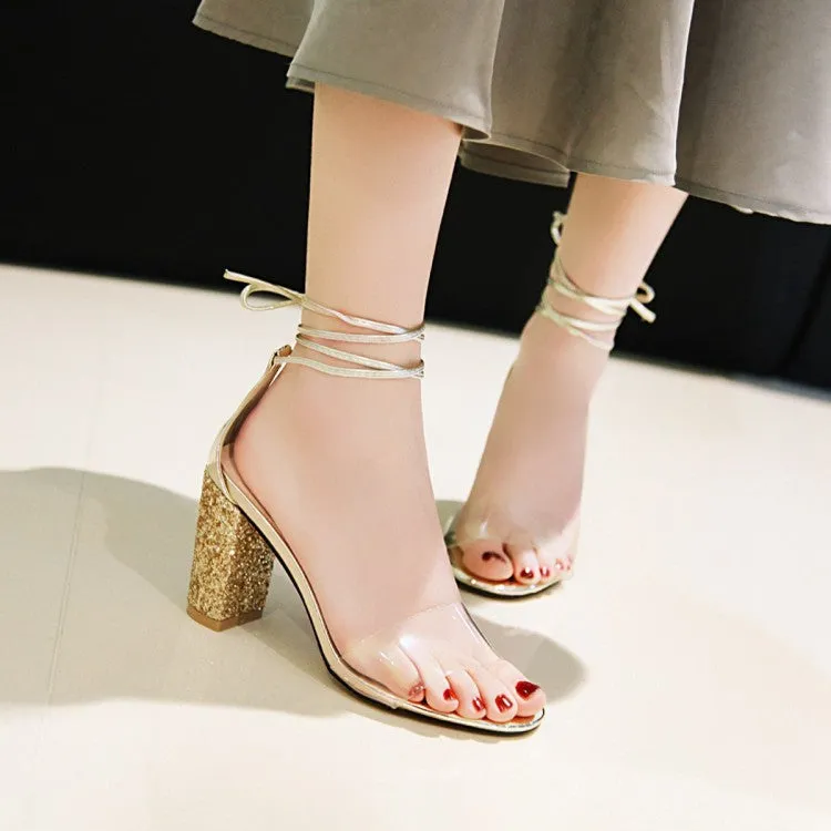 Women's Transparent Round Toe Ankle Tied Strap Chunky Heel Sandals