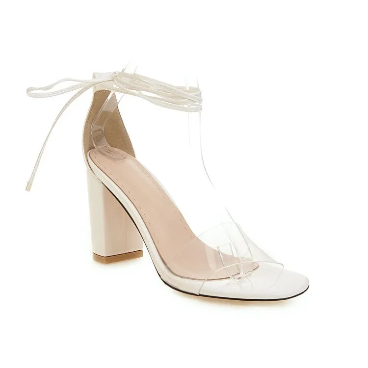 Women's Transparent Round Toe Ankle Tied Strap Chunky Heel Sandals