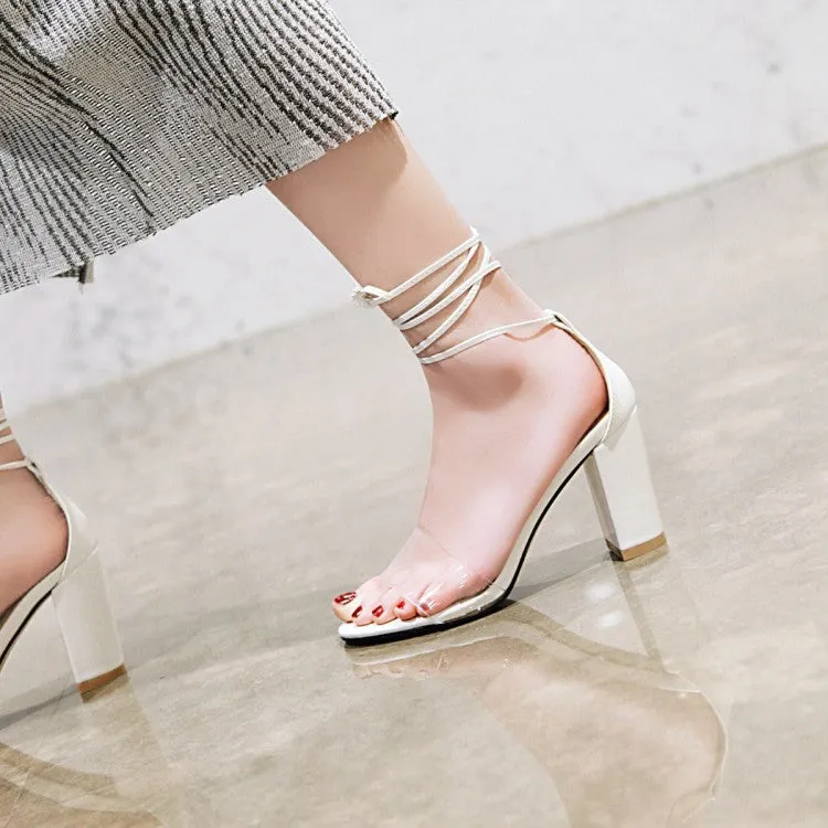 Women's Transparent Round Toe Ankle Tied Strap Chunky Heel Sandals