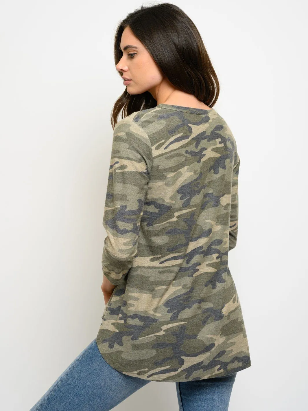 WOMEN'S TUNIC 3/4 SLEEVES CAMO PRINT TOP