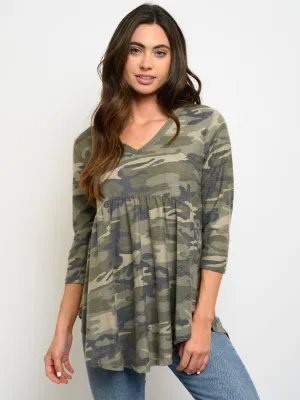 WOMEN'S TUNIC 3/4 SLEEVES CAMO PRINT TOP