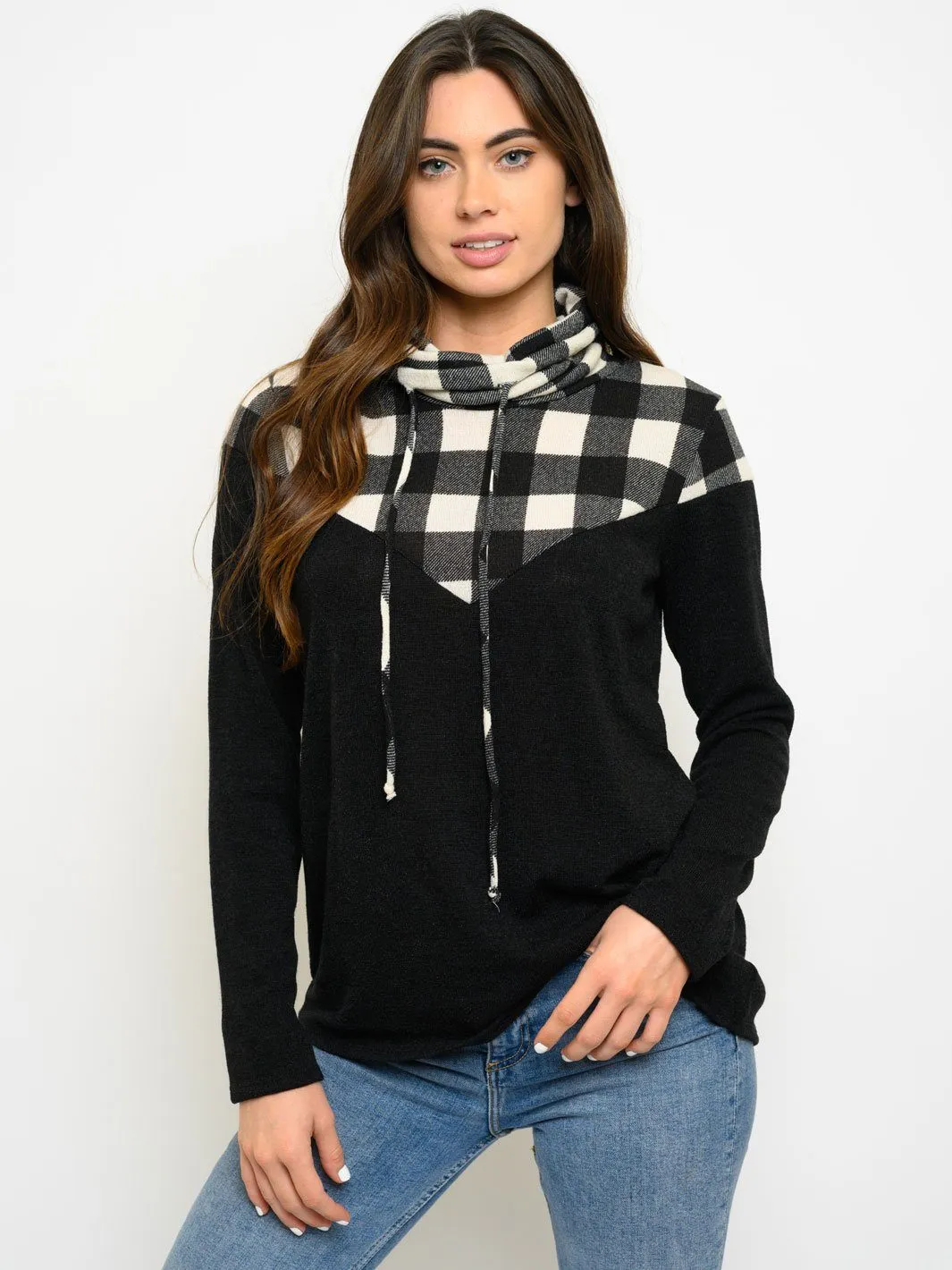 WOMEN'S TURTLE NECK LONG SLEEVE PLAID TOP
