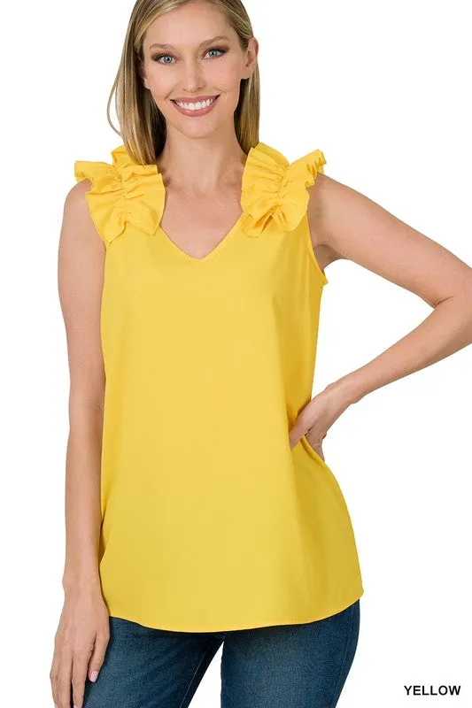 Woven Wool Dobby Ruffle Trim Sleeveless Top
