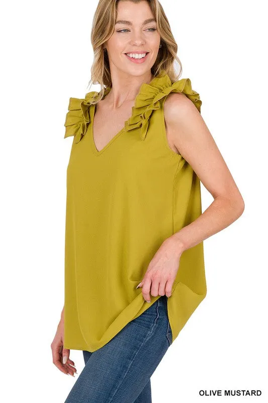 Woven Wool Dobby Ruffle Trim Sleeveless Top