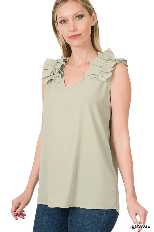 Woven Wool Dobby Ruffle Trim Sleeveless Top