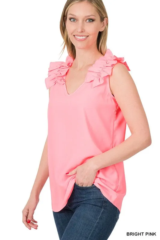 Woven Wool Dobby Ruffle Trim Sleeveless Top
