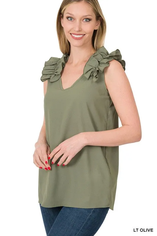 Woven Wool Dobby Ruffle Trim Sleeveless Top