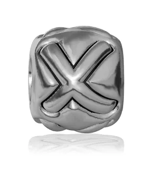 X - Bead, Single Alphabet Initial Letter for Name Bracelet, Capital, Uppercase X Charm Bracelet Bead, Embossed, Complete Alphabet and Numbers Available, Solid Sterling Silver