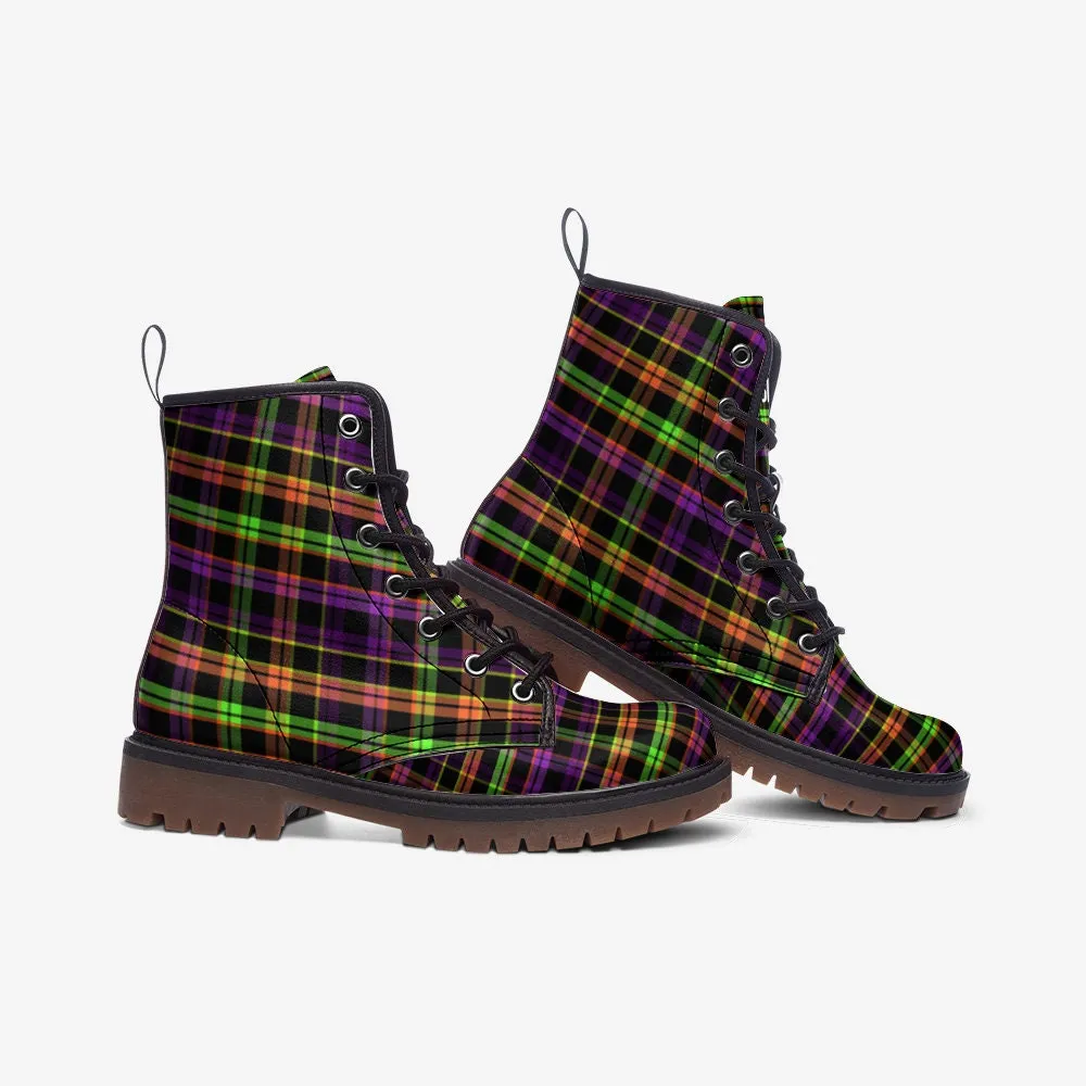 Y2k Neon Green Purple Plaid Vegan Leather Unisex Boots