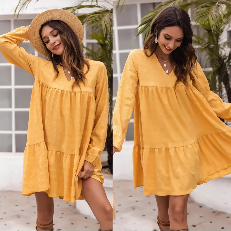 Yellow V-neck Bubble Sleeves Long Sleeves Mini Dresses