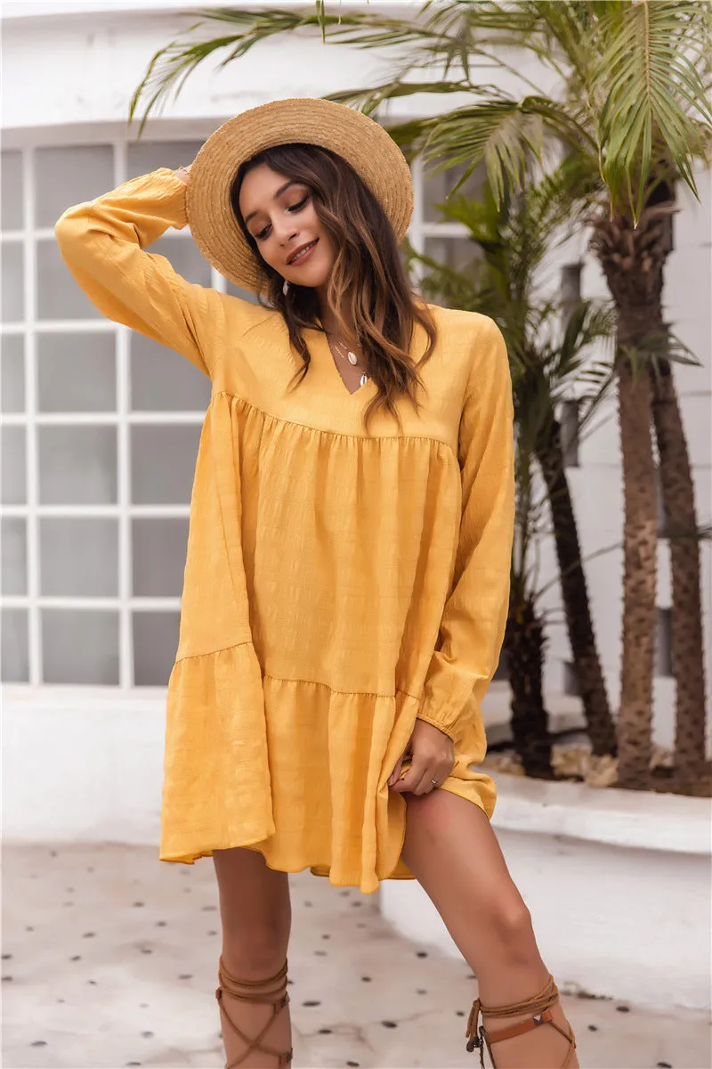 Yellow V-neck Bubble Sleeves Long Sleeves Mini Dresses