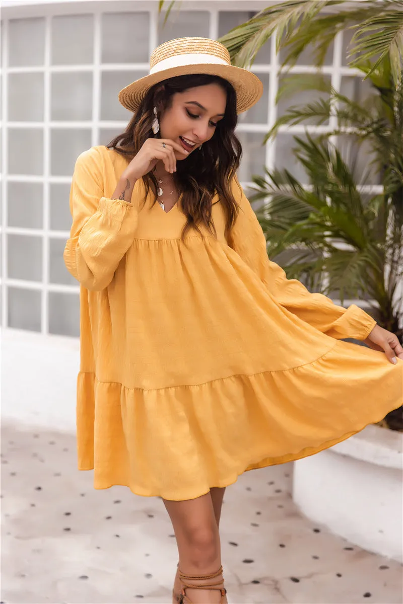 Yellow V-neck Bubble Sleeves Long Sleeves Mini Dresses