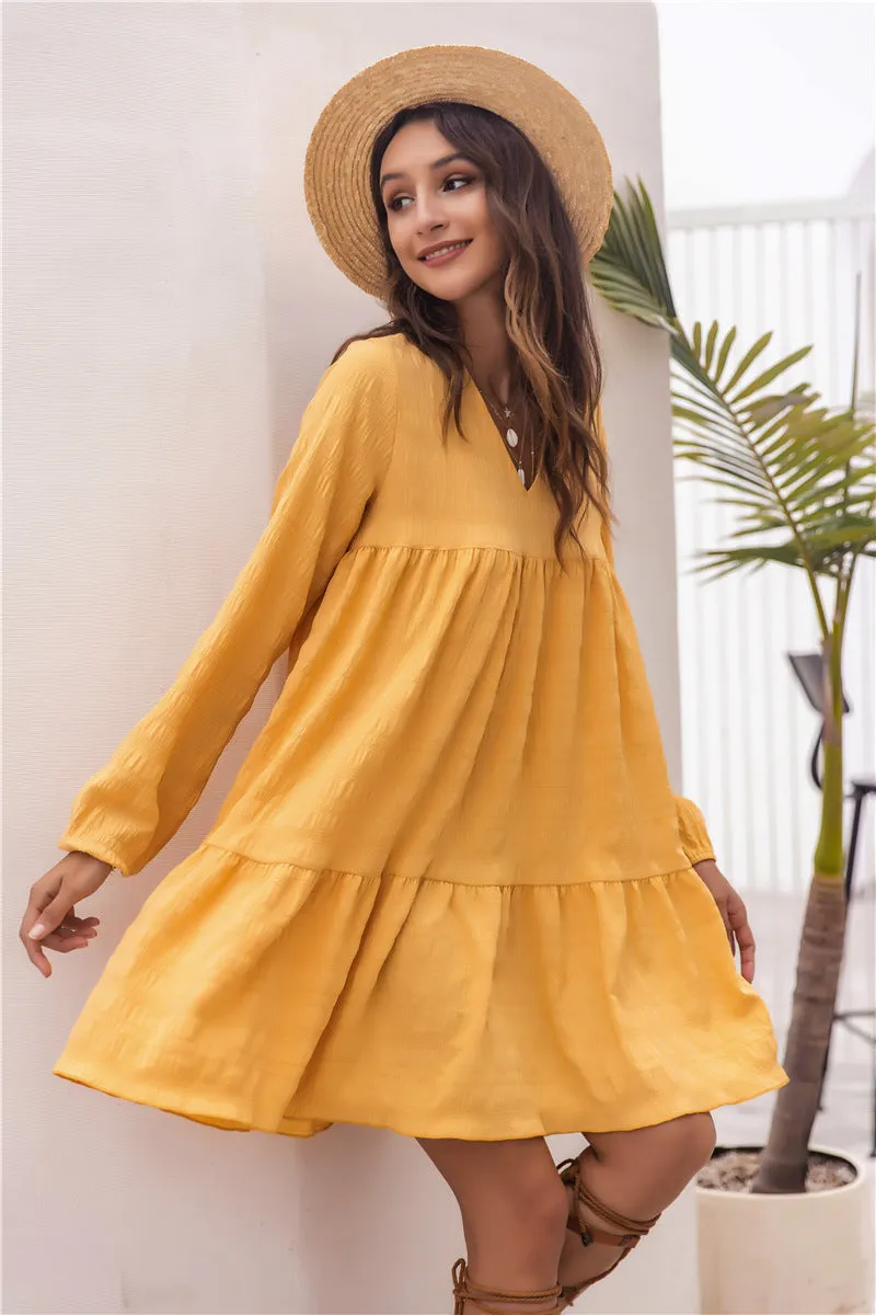 Yellow V-neck Bubble Sleeves Long Sleeves Mini Dresses